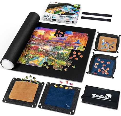 SanCallie Puzzle Mat Roll Jigsaw Storage Felt Mat, Jigroll Up to 1,500 Pieces with 4 Puzzle Trays, Material for Jigsaw Player, Box with Drawstring Storage Bag