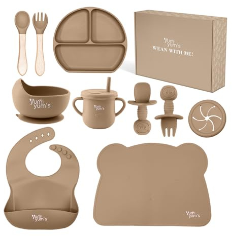 Yum Yum's Juego completo de 10 piezas de destete moca para bebés – Kit completo de alimentación para niños pequeños con plato seccionado, cuencos de ventosa, cubiertos con protector bucal, taza de