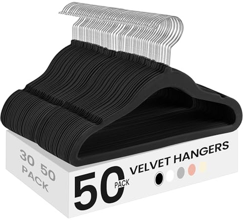 SONGMICS 50er Set Kinderkleiderbügel, Samt, platzsparend, rutschfest | Baby-Kleiderbügel, 360° drehbarer Haken in Silber, für Kleiderschrank, tintenschwarz, BREANNA Kollektion CRF027B05