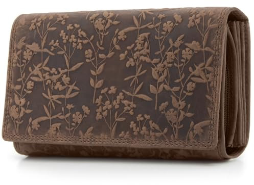 ekavale Portemonnee für Damen mit Blüten Muster RFID-Schutz, Leder Geldbörse Langformat mit Druckknopf (Dunkel-Braun)