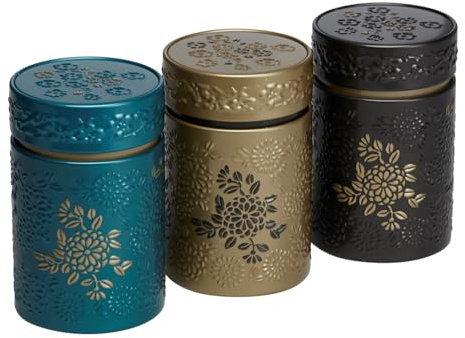 MediMuc Dose Yumiko je 150g - 3er Set - dezent mit Blumenmustern aufwendig lackiert, festschließender Deckel - Tee- Kaffeedose Ø/H 7,5 x 11,7cm Vol. ca.520ml