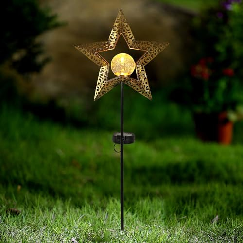 Taylor & Brown Solar Lights Outdoor Landscape Decor Star Lantern for Patio, Lawn or Pathway Decorations Crackle Glass Globe Stake Metal Lamp Waterproof Warm White LED Garden Light