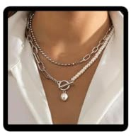 Wedity Retro Layered Pearl Halskette Paper Clip Kette Choker Halsketten OT Schnalle Halskette Schmuck für Frauen und Mädchen (Silber)