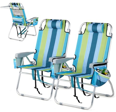 VINGLI Tall Beach Chair 2 Pack Lightweight, Backpack Beach Chair for Adults with 5-Position, Cooler Bag, Cup Holders, Towel Bar, Lightweight Folding Beach Camping Chairs （Blue/Green-16