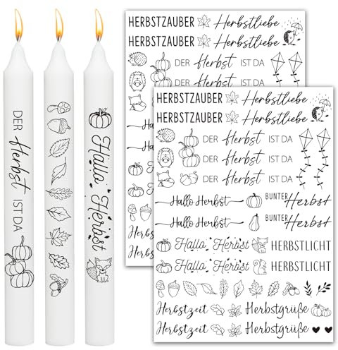BOOMTOP 2x Herbst Kerzen Deko Sticker Deutsche Sprüche Erntedankfest Kerzensticker für Stabkerzen Kleine Kerzen DIY Geschenk Schwarz