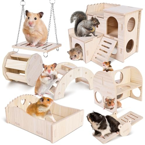 Casa Hamster: 7 piezas juguete de hámster accesorio, juguetes para mascar, juguetes de escalada, puente y columpio, casa de madera para Chinchilla