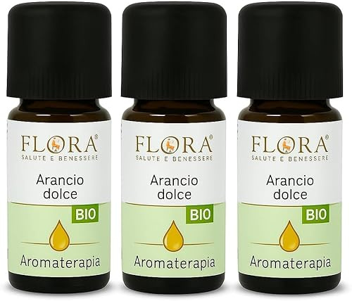 FLORA Olio Essenziale di Arancio Dolce BIO-CODEX, Pack 3 x 10 ml, 100% Puro e Naturale, Spremuto a Freddo, da Scorze di Arance Biologiche, Aroma Alimentare, per Diffusori e Profumazione Ambiente