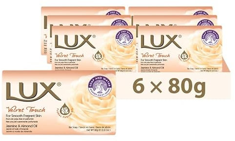 LUX Velvet Touch Beauty Soap Bar - Indulgent Skincare for Face, Hands & Body - Enriched for Smooth, Radiant Skin - Gentle Daily Bath & Shower Soap w/Fresh Fragrance - Men & Women - 80g x 6