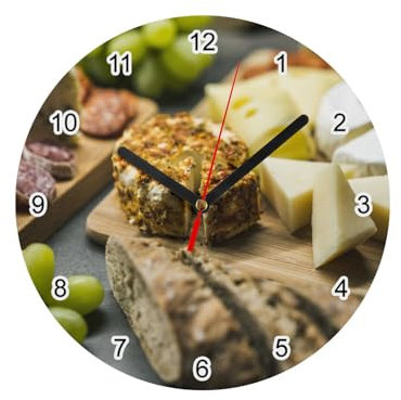 Fabulous Wanduhr aus Glas – Französische Käseplatte, Aufschnitt, Trauben und Brot, Baguette für Lebensmittel Bon Appetit, Durchmesser 20 cm, Weiß