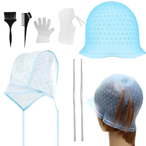 8pcs Strähnchen Set, Waschbar Wiederverwendbar Strähnchenhaube Strähnchenhaube stränchen haube DIY Färbung Strähnenhaube für Frauen und Mädchen mit Häkelnadel（Blau）