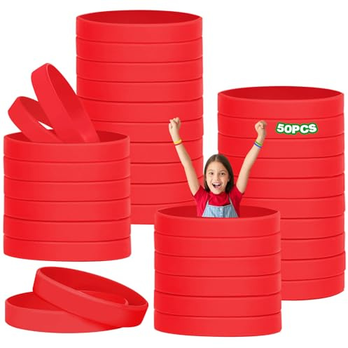 HONTIUS 50 Pezzi Braccialetti In Silicone, 8'' Braccialetti In Gomma, Vuoto Elastici di Gomma per per Adulti Uomo Donna Scuola Insegnante Squadra Festa Fitness Corsa Sport Rosso