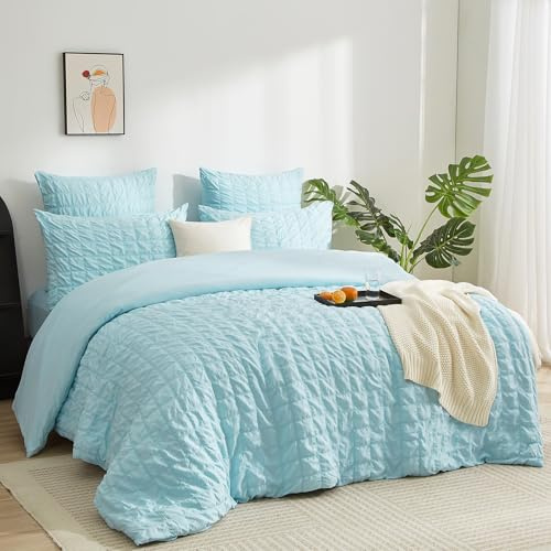 Boqingzhu Seersucker Bettwäsche Set Blau Hellblau 220×240cm Atmungsaktiv Kühlend für Sommer Bettbezug & Kissenbezüge mit Reißverschluss