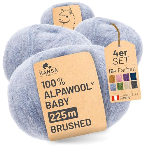 HANSA-FARM |Alpawool 100% Baby Alpaka Brushed 200g Set (4 x 50g) leichte und kratzfreie Wolle zum Stricken & Häkeln - HF241 Gletscher Melange