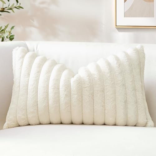 Sungeek Set of 1 Cream White Faux Rabbit Fur Cushion Cover 30x50 cm, Soft Cozy Plush Striped Decorative Throw Pillow Covers 12x20 Inch Velvet Lumbar Pillowcases for Sofa Bedroom