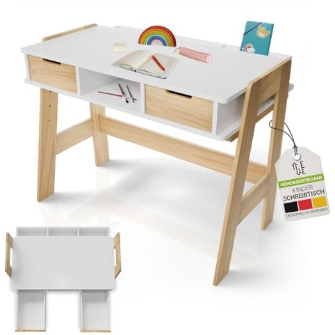 Juskys Kinderschreibtisch Fietje - Höhenverstellbarer Schreibtisch für Kinder, aus Holz, mit 2 Schubladen und viel Stauraum - Lerntisch in Weiß