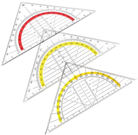 SGERUFZ 3 Stück Kunststoff-Dreieck-Lineal, transparentes geometrisches Dreieck aus Kunststoff mit gelber Skala, Winkelmesser für Schule, Uni oder Büro (mit Tasche).