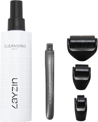 LAYZIN Set de Derma Roller avec 3 Têtes (0,35 mm ; 0,55 mm ; 1,2 mm) et Spray Nettoyant – Microneedling pour Visage, Yeux, Cou, Décolleté et Corps – Inclus Spray Nettoyant 200 ml – Unisexe