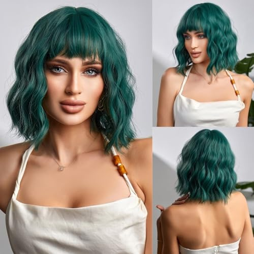 CGVG Peluca corta y ondulada Bob con flequillo, resistente al calor, sintética, rizada hasta los hombros, para mujer, cosplay, uso diario, Halloween, fiesta, carnaval (verde)