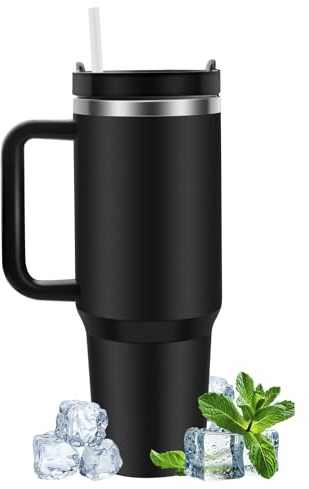 Gratuipolmep 40 oz termosmugg med sugrör och handtag, termisk vattenflaska i rostfritt stål med dubbla väggar, isolerade BPA-fria muggar, termisk mugg, för varma och kalla drycker, svart