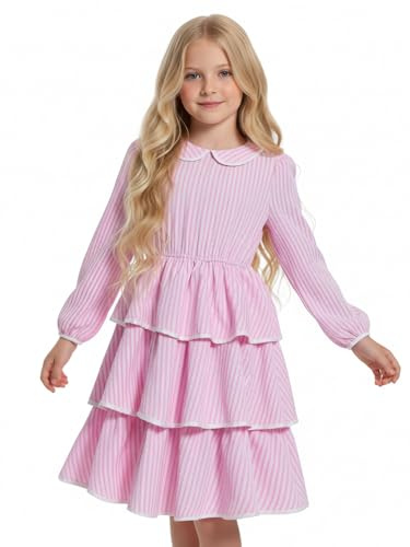 JiAmy Vestido de niña vintage de manga larga dulce manga abultada Peter Pan cuello falda de capas rayas de colores vestido de fiesta festivo niños vestidos niñas para cumpleaños Navidad 4-12 años