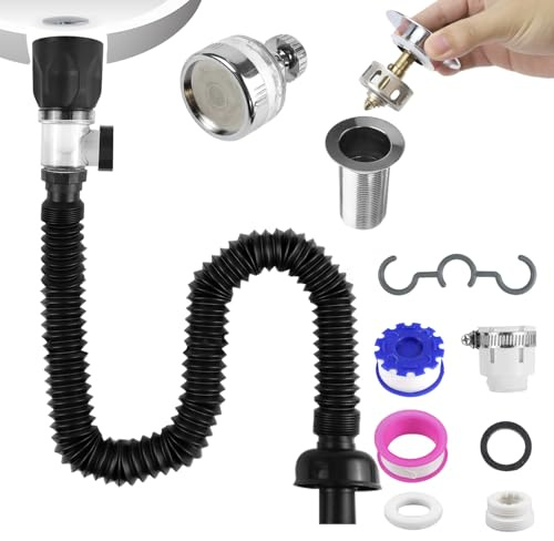 Tyafzzn Lavabo desagüe negro, sifón para lavabo con filtro de agua, juego de desagüe, antiobstrucción, olor e insectos, tubo de desagüe de PVC resistente