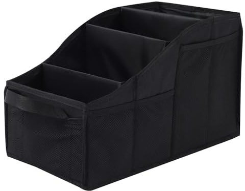 Pomodee Organisateur de Voiture Pliable avec 4 Compartiments et Porte-Gobelets, Boîte de Rangement pour Siège Avant, Arrière et Coffre–Organiseur Universel pour Enfant, Jouets et Accessoires (Noir)