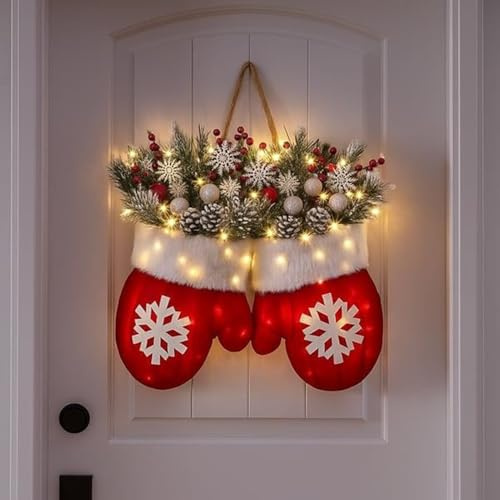 Funkelnder Weihnachts-Fäustlingskranz, 30 X 40 cm, Mit LED-Lichtern Und Tannenzapfenzweigen Mit Roten Beeren, Für Fenster- Und Wanddekoration