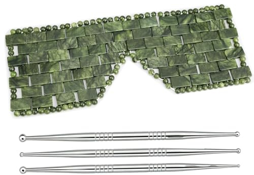 ideayard Jade ögonmask + 3-delar rostfritt stål ansiktsreflexologi verktyg, akupressurpennor för ansikte och kropp, hem spa kit för puffiga ögon, mörka cirklar och muskelspänning, naturlig jade och