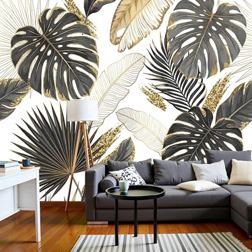 Fotomural Papel Pintado Para Pared Beige Negro Hojas De Lámina Dorada Brillante, Art Papel Tapiz Fotográfico Mural 250X175Cm Plantas Tropicales Decoración De Pared Sala Cuarto Oficina Salón
