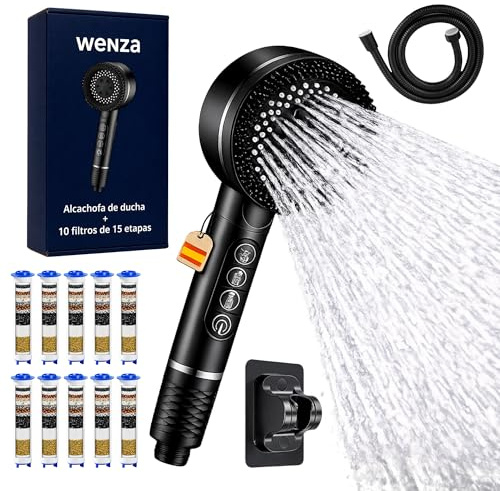 WENZA Cabezal Ducha con 10 Filtros 15 etapas Antical | Alcachofa de Ducha Oasis con 10 Filtros Alta Presión con Manguera 1,5 m y Soporte Pared
