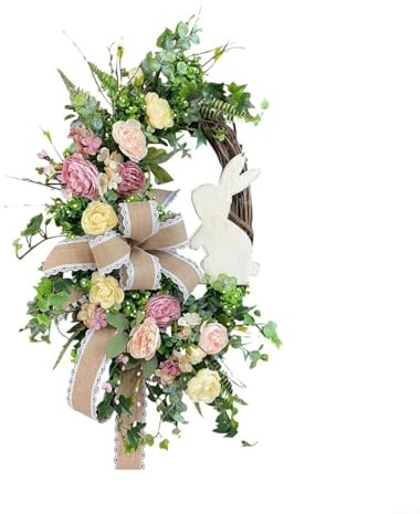 Tidgel Corona de conejo de Pascua de 40 cm, decoración de resorte de plástico verde, decoración vibrante para colgar en la puerta, mantenimiento, festivo, fiesta, acento para celebración, uso en