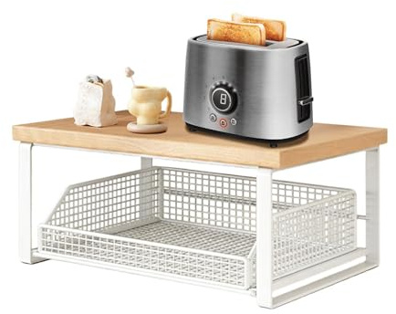 Organizador de bolsas de té – Estante de almacenamiento de 15 pulgadas | Soporte de metal de madera – Cesta de encimera de doble capa multiusos para té, especias, aperitivos, almacenamiento de oficina