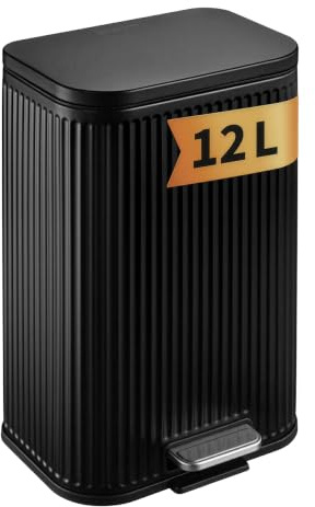 Floordirekt Mülleimer Küche, Liter, Abfalleimer, Treteimer, mit Deckel, Softclose, Fußpedal, Stahl, Inneneimer | Miles | Schwarz | 12 L
