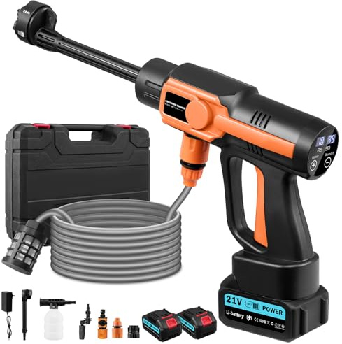 Idropulitrice a batteria, 120 bar, 21 V, pistola ad alta pressione portatile con 2 batterie e ugello 6 in 1, tubo da 5 m, regolazione della pressione a 10 velocità, pistola a pressione portatile per