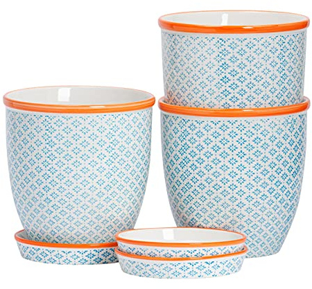Nicola Spring Handbedruckte Blumentöpfe mit Untersetzern – 3er-Set | Blau 20,5cm Steingut-Töpfe für Zimmerpflanzen, Sukkulenten, Kräuter & Gartenblumen Dekorative Pflanzgefäße
