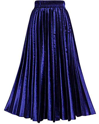 TONCHENGSD Damenrock mit hoher elastischer Taille, Samt, Midi, lang, plissiert, schwingend, gerüscht, Königsblau, Groß