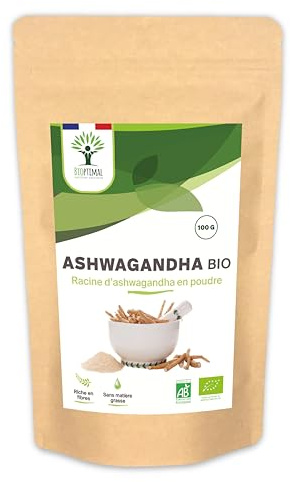 Bioptimal - Racines d'Ashwagandha Indien Bio en Poudre - Withania Somnifera 100% Pur - Sommeil Anti-Stress Libido Adaptogène - Contrôlé et Conditionné en France - Certifié Ecocert - 100g