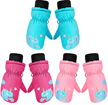 Geyoga 3 Pairs Kids Ski Mitten Toddler Winter Waterproof Snow Gloves Unisex Cold Weather Warm Mitten for Girls Children Boys Skiing Snowboarding (Pink, Light Blue, Rose Red,5-10 Years)