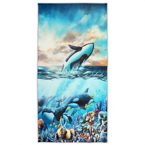 Zomer Mikrofaser Badetuch 70x140 cm Strandtücher | Handtuch Bedruckt mit Wal & Unterwasserwelt Motiv | Saugfähiges Strandtuch für Strand, Poolside & Strands