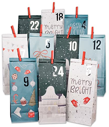 Papierdrachen Calendrier de l'Avent à remplir – 24 sacs cadeaux imprimés bleus et 24 autocollants numérotés et pinces – Motif Noël bleu – Pour bricolage et cadeau – Noël