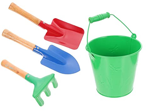 Toddmomy Kids Gardening Tools Set 4Pcs Kids Sand Beach Toys Gardening Equipment Small Metal Bucket Rake Toys for (Accessories Color Random)