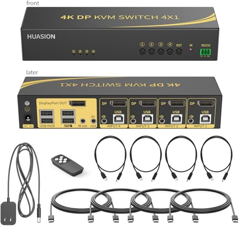 Huasion KVM Switch Displayport 4 Port DP 1.2 4x1 Supports 4K@60Hz 4:4:4 hotkey Switching Keyboard Mouse Audio with USB 2.0 Control up to 4 PCs