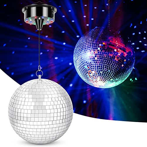 Meagoo Disco Ball with Motor and Light, 8 Hanging Mirror Ball and 6RPM Batteries Powered Rotating Motor with 4 Light Colors and 18 LEDs for Disco Party Decoration, DJ Club