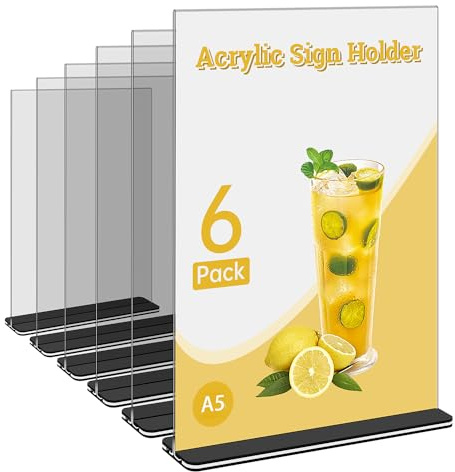 SIYOMG Acryl Schilderhalter, 6 Pack A5 Klarer Kunststoff Display-Ständer, Doppelseitige Vertikale T-Form Bilderrahmen, Tischmenühalter für Restaurant Hotel Store Office