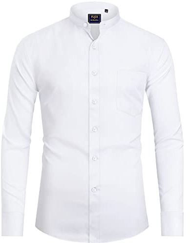 J.VER Men's Banded Collar Dress Shirt Mandarin Long Sleeve Button Down Shirts Stretch Collarless Tops White Large