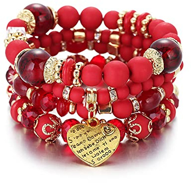 RIXERKOC Pulseras de perlas elásticas bohemias para mujeres y niñas Pulseras de cristal Corazón Bisutería con perlas (Rojo)