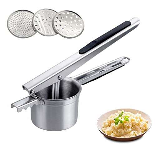 gezahnt Kartoffelpresse aus Edelstahl, Griff mit rutschfestem Silikon Kartoffelstampfer mit 3 Lochscheiben, Erdäpfelpresse für Kartoffelpüree, Obstsäfte, Gemüsebrei(Gezahnte Kartoffelpresse)