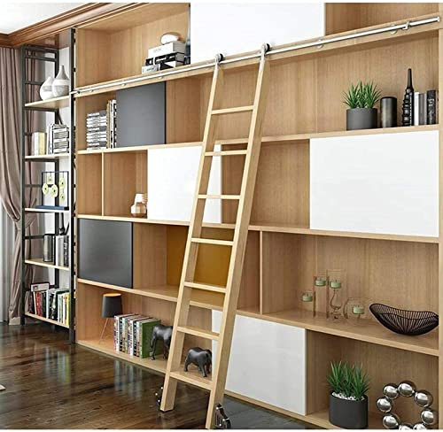 Schiebe-Bibliotheksleiter mit runden Rohrschienen – Hardware-Kit für rollende Bibliotheksleiter, mit Edelstahl-Riemenscheiben, Schiebetür-Kit, runde Rohrschienen aus Edelstahl, einfach zu in