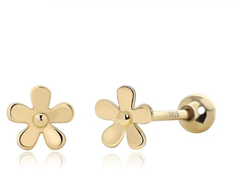 Meissa Pendientes de Tornillo Floral de Plata de Ley 925 Hipoalergénicos con Cierre de Bola Dorados y Chapados en Oro Rosa para Niñas, Mujeres y Niños, Oro