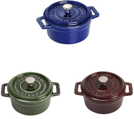 STAUB Lot de 3 Mini Cocottes en Fonte, Ronde, Ø 10 cm, 0,25 L, Bleu Intense, Vert/Basilic, Grenadine